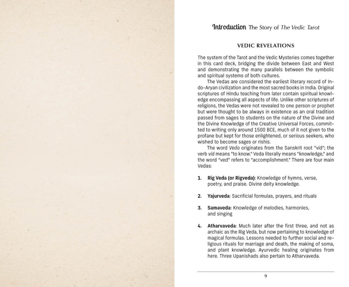 The Vedic Tarot by Schiffer Publishing, Ltd. features an Introduction page that explores Vedic revelations, lists the four Vedas, and highlights their spiritual wisdom and significance in Indian tradition alongside Tarot insights.