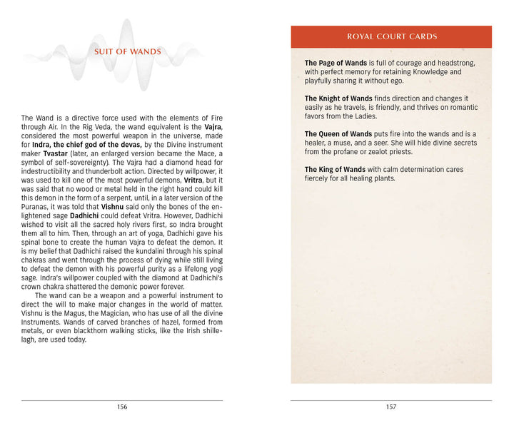 Discover Tarot wisdom in The Vedic Tarot by Schiffer Publishing, Ltd.: the left page delves into the Suit of Wands and its meanings, while the right details the Page, Knight, Queen, and King of Wands Court Cards.