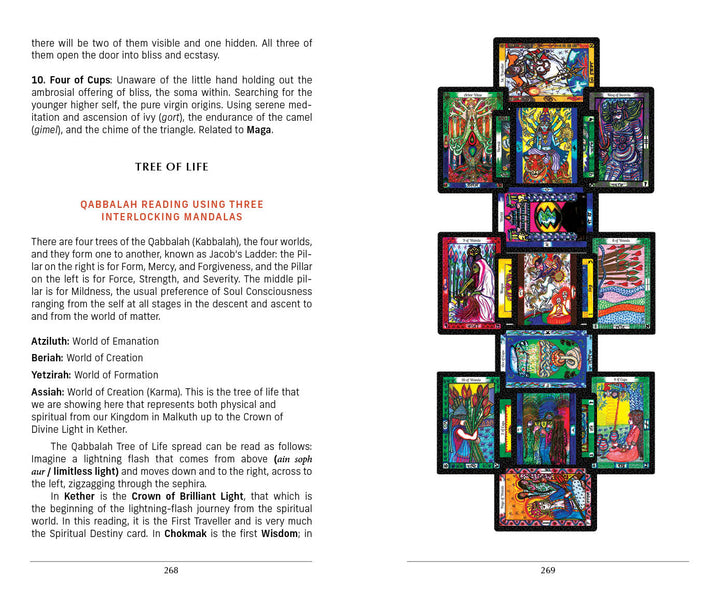 A vibrant illustrated diagram of ten interconnected squares in a cross shape, each with unique symbols, complements text on The Vedic Tarot by Schiffer Publishing, Ltd., covering Tarot traditions and the Tree of Life in Qabbalah.