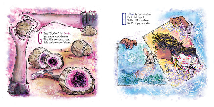 A hand cracks a geode, crystals sparkling inside, alongside the book "Boys Are Witches Too!" by Schiffer Publishing, Ltd. Nearby, a girl admires icy patterns on a window, magic and wonder filling the snowy meadow view.