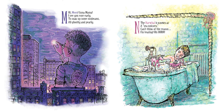 A child gazes at the moon from a city balcony, while another smiles in a bubble bath with a toy, capturing the whimsical magic of nature—perfect for "Boys Are Witches Too!" by Schiffer Publishing, Ltd., celebrating pagan kids.