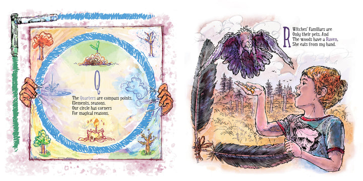 Two illustrated pages from "Boys Are Witches Too!" by Schiffer Publishing, Ltd.: left, hands hold a seasonal nature magic diagram; right, a boy feeds a raven, exploring pagan kids’ bonds with witches’ familiars and a raven feather.
