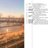 A view from a moving train shows blurred brown grass and water in the foreground, leafless trees in the distance, and on the right side of the image appears a list from Craft Schools by Schiffer Publishing, Ltd., highlighting American craft organizations by state and emphasizing a dedication to craft education and handmade arts.