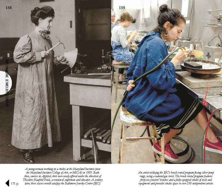 Across different eras, two women engage in jewelry making, embodying the lasting legacy of handmade artistry. On the left, a woman in historical attire uses traditional tools at her workspace. On the right, a modern woman—perhaps influenced by Craft Schools from Schiffer Publishing, Ltd.—works with a torch on jewelry at a metal table.