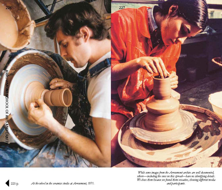 In a brightly lit studio reminiscent of the hands-on learning featured in Craft Schools by Schiffer Publishing, Ltd., two individuals shape clay pottery on wheels: a man on the left forms a tall vessel, while on the right, a woman in red concentrates intently on her own project—celebrating the enduring tradition of handmade arts.