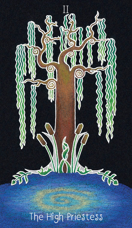 The Animystic Tarot by Schiffer Publishing, Ltd. features The High Priestess card with a large willow tree, swirling branches, and cattails by a rippling blue pond, all set against a black background.