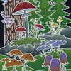 The Hierophant from The Animystic Tarot by Schiffer Publishing, Ltd. features vibrant mushrooms in a woodland clearing, framed by tall pines and a textured tree trunk, reflecting the mystical beauty of nature.