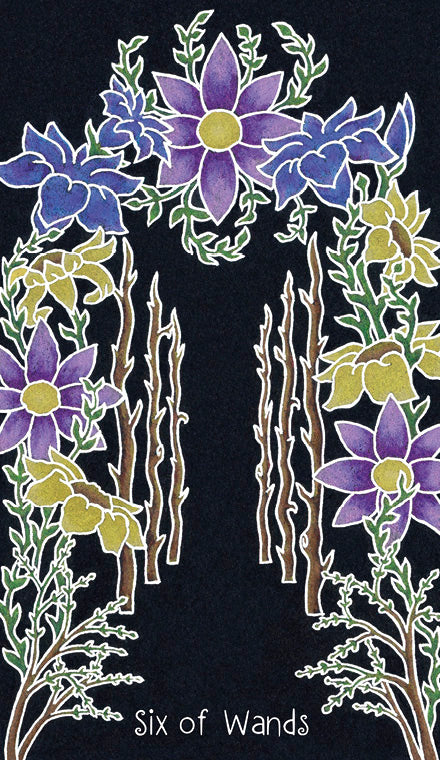 The Six of Wands card from The Animystic Tarot by Schiffer Publishing, Ltd. features six wooden wands with purple and yellow flowers, green leaves, and white outlines set against a black background for a mystical effect.