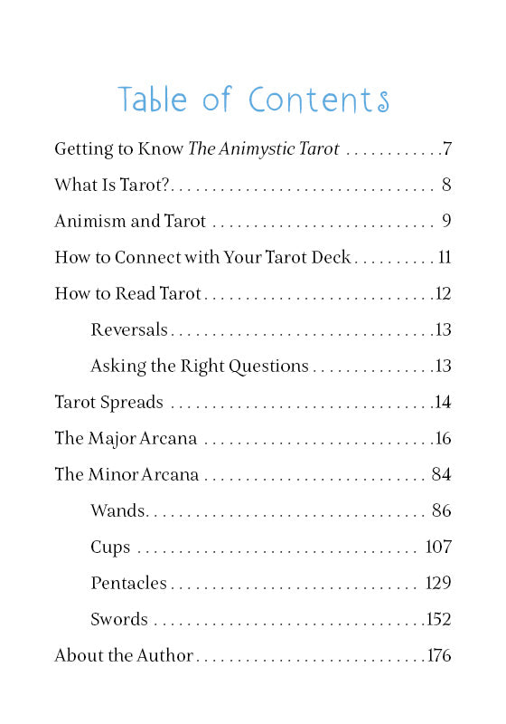 Table of Contents for The Animystic Tarot by Schiffer Publishing, Ltd., listing chapters and page numbers on tarot basics, animism, connecting with decks, spreads, the nature-inspired Animystic Tarot deck, Major/Minor Arcana, and card suits.