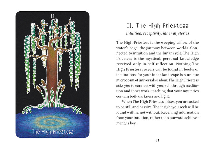 The High Priestess card from The Animystic Tarot by Schiffer Publishing, Ltd. depicts a mystical, robed figure between two ornate trees with celestial symbols, representing intuition, self-reflection, and inner mysteries.