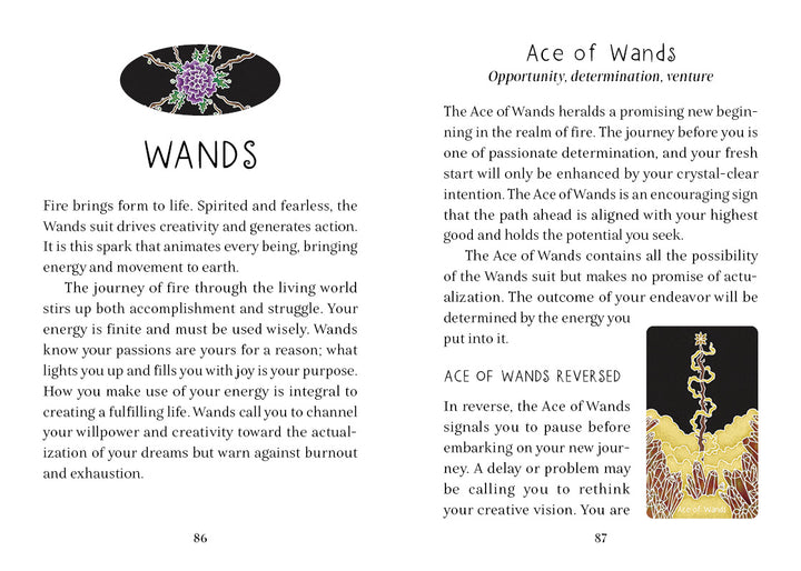 An open book from The Animystic Tarot by Schiffer Publishing, Ltd. displays an Ace of Wands reading. The left page features a yellow wand and info on the Wands suit; the right page details the card, showcasing this nature-inspired tarot deck.