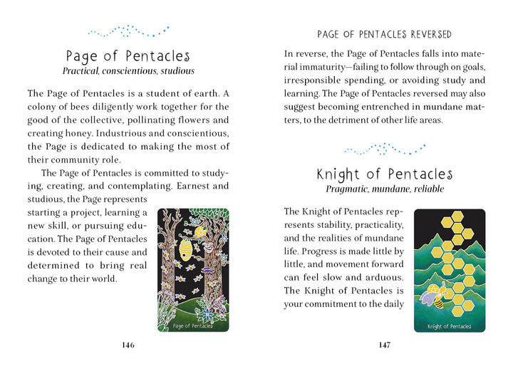 A book spread from Schiffer Publishing, Ltd.'s The Animystic Tarot features vivid illustrations and descriptions of the Page of Pentacles (upright and reversed) and Knight of Pentacles cards.