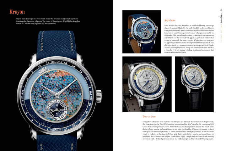 A detailed catalog page features Schiffer Publishing, Ltd.’s Timeless Classics—elegant modern watches. The left shows a close-up of a blue mosaic-patterned piece; the right presents three variants with descriptions of the Anywhere and Everywhere models.
