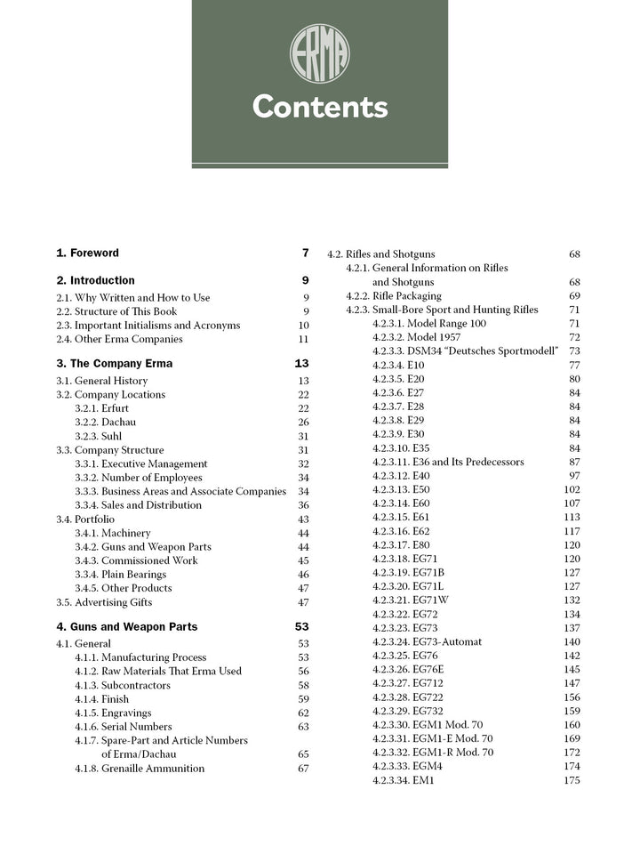 The table of contents for "ERMA: Erfurter Maschinenfabrik, 1924–2003, Vol. 1" (Schiffer Publishing, Ltd.) lists company intro, business structure, ERMA history, gun parts info, rifle and shotgun models with the ERMA logo and page numbers at the top.