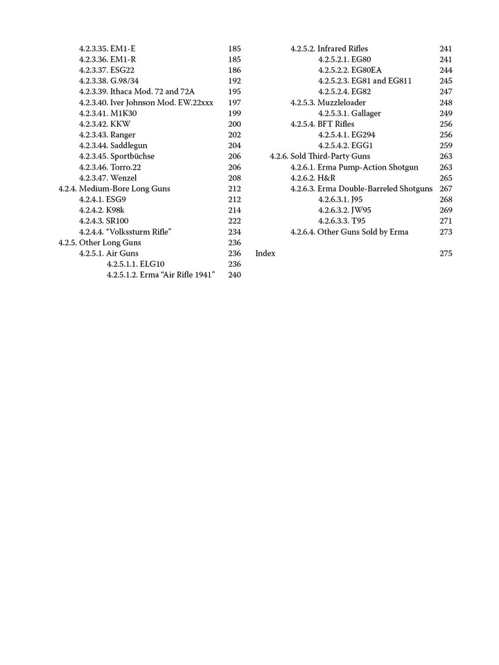 The index page of "ERMA: Erfurter Maschinenfabrik, 1924–2003, Vol. 1" (Schiffer Publishing, Ltd.) lists rifle and shotgun models, accessories, and German small arms by section and page (185–275) in two columns.