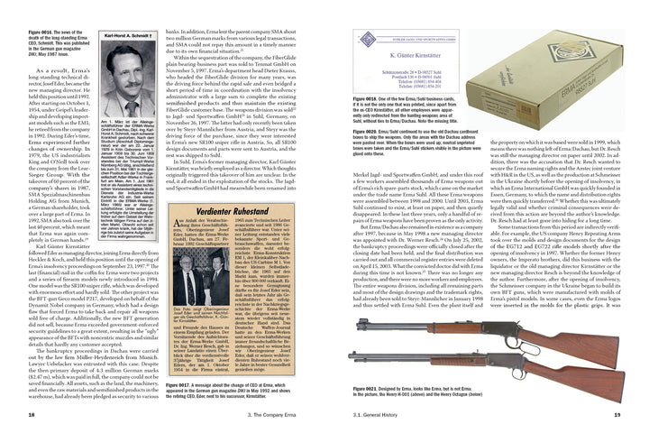 A two-page spread from "ERMA: Erfurter Maschinenfabrik, 1924–2003, Vol. 1" by Schiffer Publishing, Ltd. features five images—a man's portrait, a gold box, a newspaper clipping, and two vintage rifles—highlighting ERMA’s German small arms legacy.