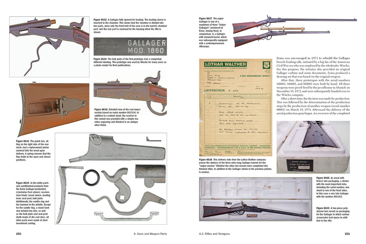 ERMA: Erfurter Maschinenfabrik, 1924–2003, Vol. 1 by Schiffer Publishing, Ltd. showcases two-page spreads with detailed photos and diagrams of antique rifles and German small arms, including close-ups, historical documents, and text descriptions.