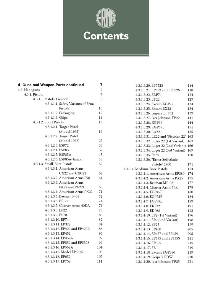 The table of contents page for "ERMA: Erfurter Maschinenfabrik, 1924–2003, Vol. 2" by Schiffer Publishing, Ltd. features sections on German small arms, including ERMA handguns and parts, with details on various models and variants.