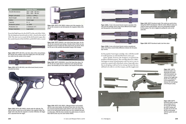 Two pages from "ERMA: Erfurter Maschinenfabrik, 1924–2003, Vol. 2" by Schiffer Publishing, Ltd. display technical diagrams and labeled images of German small arms with detailed captions and a compact specifications table.