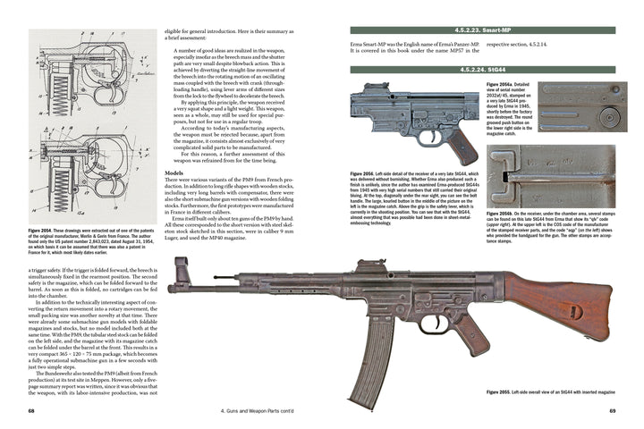 A two-page spread in "ERMA: Erfurter Maschinenfabrik, 1924–2003, Vol. 3" by Schiffer Publishing features technical drawings and photos of Sturmgewehr rifles and ERMA submachine guns, including MP40s, with detailed diagrams and historical info.