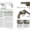Two pages from "ERMA: Erfurter Maschinenfabrik, 1924–2003, Vol. 3" by Schiffer Publishing, Ltd. show a technical drawing, data table, and color photos of vintage Erfurter flare pistols from various angles.