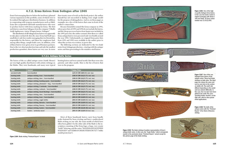 A catalog page presents antique knives and ERMA submachine guns featured in "ERMA: Erfurter Maschinenfabrik, 1924–2003, Vol. 3" by Schiffer Publishing, Ltd., with detailed images, historical info, production tables, and close-ups of engravings and sheaths.
