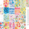 The Modern Watercolor Workshop by Schiffer Publishing, Ltd. features a vibrant contents page with watercolor geometric shapes, stripes, florals, fruit, and festive banners arranged in a grid alongside a right-side table of contents and page numbers.