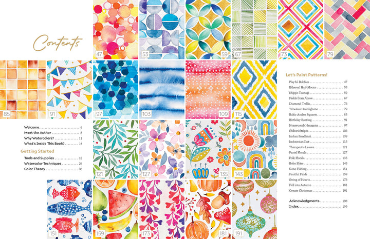 The Modern Watercolor Workshop by Schiffer Publishing, Ltd. features a vibrant contents page with watercolor geometric shapes, stripes, florals, fruit, and festive banners arranged in a grid alongside a right-side table of contents and page numbers.