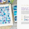 A beginner watercolor project from Schiffer Publishing, Ltd.'s Modern Watercolor Workshop shows overlapping blue and purple half-moons on a woven mat, with supplies and step-by-step instructions included.