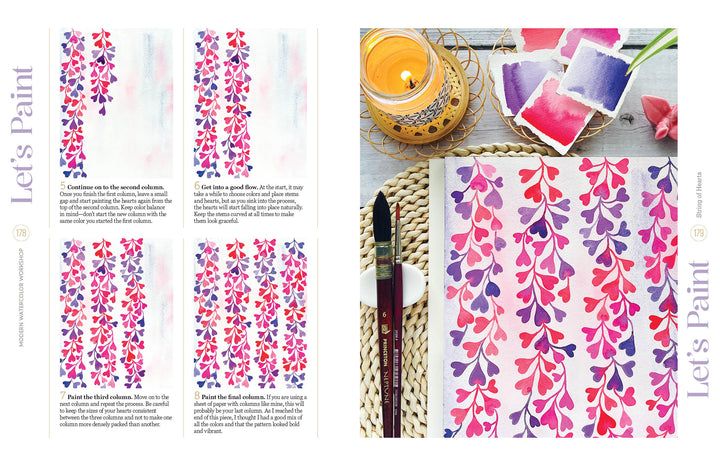 The Modern Watercolor Workshop by Schiffer Publishing, Ltd. offers a beginner-friendly tutorial to paint cascading purple and pink flowers, featuring step-by-step examples and completed floral art with supplies for inspiration.