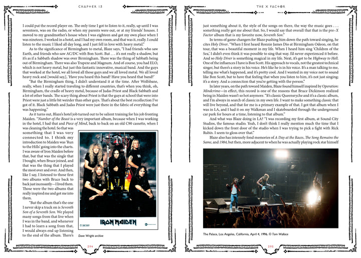 Two ornate pages from *Hallowed By Their Name: The Unofficial Iron Maiden Bible* (Schiffer Publishing, Ltd.) showcase dense text, a band photo, and live concert shot—ideal for Iron Maiden fans and readers of music journalist Martin Popoff.
