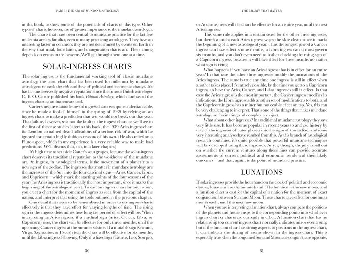 The Astrology of Nations by Schiffer Publishing, Ltd. features two pages on solar-ingress charts and lunar phases in mundane astrology, with columned text and headings, providing political predictions through detailed astrology charts. No images are included.