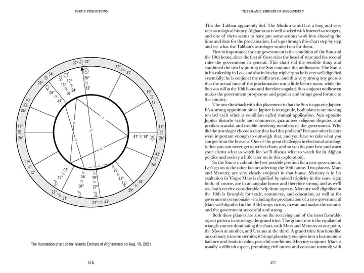 A black-and-white page from *The Astrology of Nations* by Schiffer Publishing, Ltd. shows an astrology chart for the Islamic Emirate of Afghanistan (Aug 15, 2021) on the left, with explanatory text and political predictions on the right.