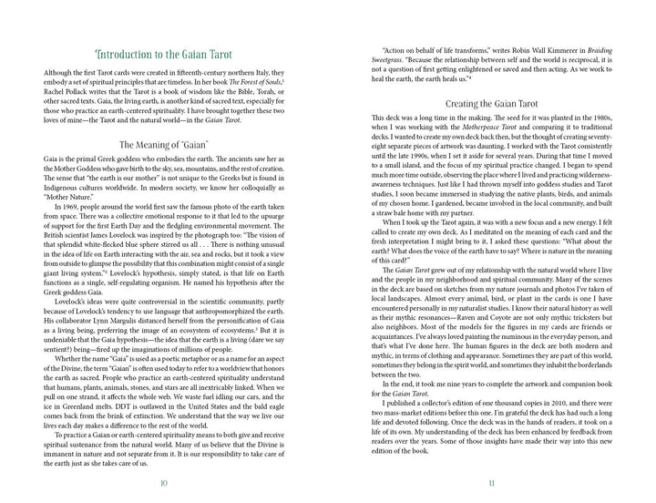 Two pages from Schiffer Publishing, Ltd.'s Gaian Tarot discuss earth-centered spirituality, the meaning of "Gaian," and the multicultural deck's creation, with text arranged in paragraphs and section headings.