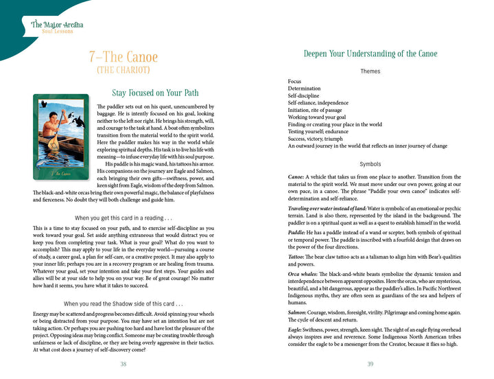 A spread from the Gaian Tarot by Schiffer Publishing, Ltd. features card 7—The Canoe (Chariot), with a river canoeist on the left page. Both pages explore earth-centered spirituality with meanings, symbolism, insights, sections, and bullet points.