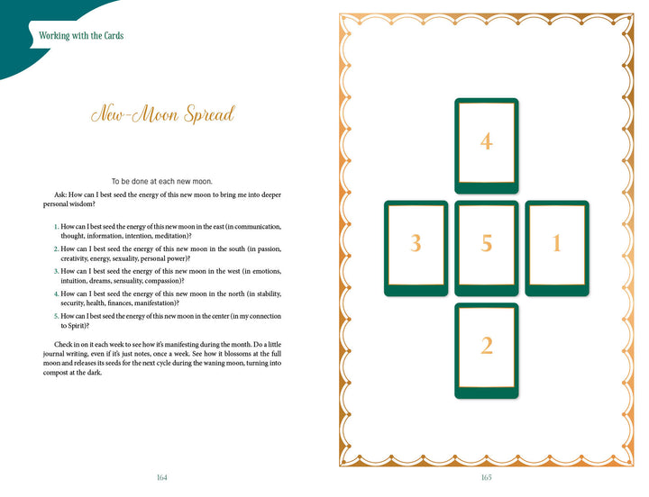 The Gaian Tarot by Schiffer Publishing, Ltd. includes a two-page “New-Moon Spread” guide with instructions, questions, and a cross-shaped five-card layout inspired by earth-centered spirituality and multicultural themes.