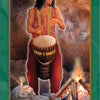 A joyful person with dreadlocks drums by a campfire, surrounded by rocks, a candle, and a feather. Faint handprints mark the wall behind. The card is 1 The Magician from Gaian Tarot by Schiffer Publishing, Ltd., honoring earth spirit.