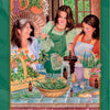 Three women joyfully make herbal remedies in a sunlit kitchen, surrounded by fresh herbs and jars. Smiling as they work, they radiate teamwork. Card: Three of Earth from the Gaian Tarot by Schiffer Publishing, Ltd.