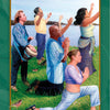 Six people gather outdoors by the water, expressing earth spirituality with prayer and drumming. Birds soar above lush greenery in this scene inspired by the Gaian Tarot from Schiffer Publishing, Ltd.
