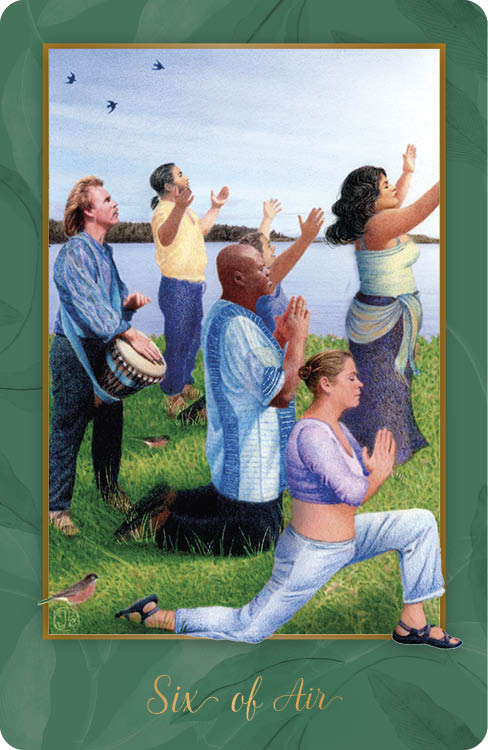 Six people gather outdoors by the water, expressing earth spirituality with prayer and drumming. Birds soar above lush greenery in this scene inspired by the Gaian Tarot from Schiffer Publishing, Ltd.