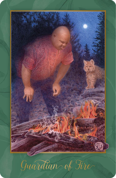 A man in a red shirt kneels by a campfire at night in the forest, with a cat nearby and the moon above. The Guardian of Fire card from the Gaian Tarot by Schiffer Publishing, Ltd. symbolizes earth-centered spirituality.
