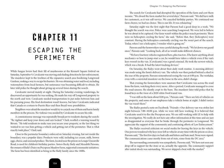 Two pages from "A Killer at the Door" by Schiffer Publishing, Ltd. The left page begins Chapter 11, exploring a family's farming struggles during COVID-19 and connecting them to the Chester County manhunt with quotes about adaptation and farm life.