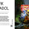 A vibrant generative art installation is showcased among palm trees and water. The left page details how Digital Art by Schiffer Publishing, Ltd. explores the blend of technology, creativity, and nature.
