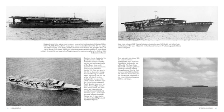 A two-page spread from Schiffer Publishing, Ltd.'s "Kaga and Akagi" showcases black-and-white photos of Imperial Japanese carriers at sea, with historical text on their World War II roles against ocean and sky backdrops.