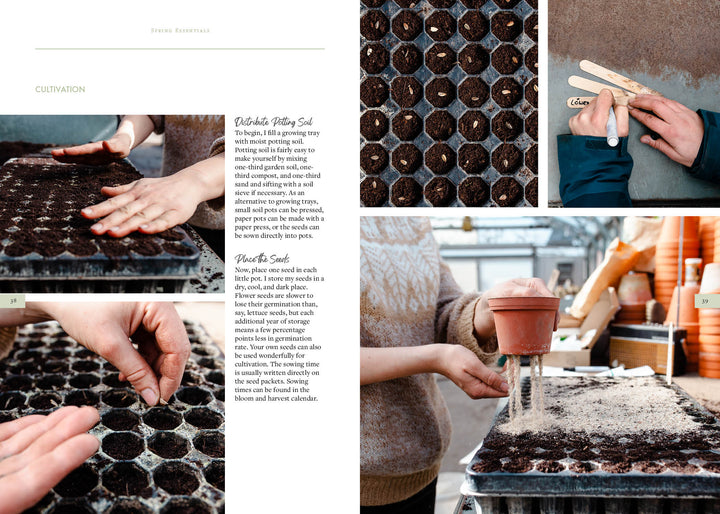 A collage features scenes from "Sow, Grow, and Harvest" by Schiffer Publishing, Ltd., with hands planting seeds, labeling sticks, and potting a plant—ideal inspiration for flower gardening or crafting your own bouquets.