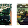 Two photos from "American Denim" by Schiffer Publishing, Ltd.: at left, weaving machines with spools of thread; at right, a person operates a loom in a workshop, recalling White Oak Mills’ historic selvage denim production.