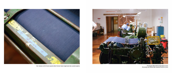 Left: Close-up of American Denim fabric by Schiffer Publishing, Ltd. being woven on a green loom with colorful chalk marks. Right: Industrial weaving machine crafting American Denim in a bright, spacious workshop.