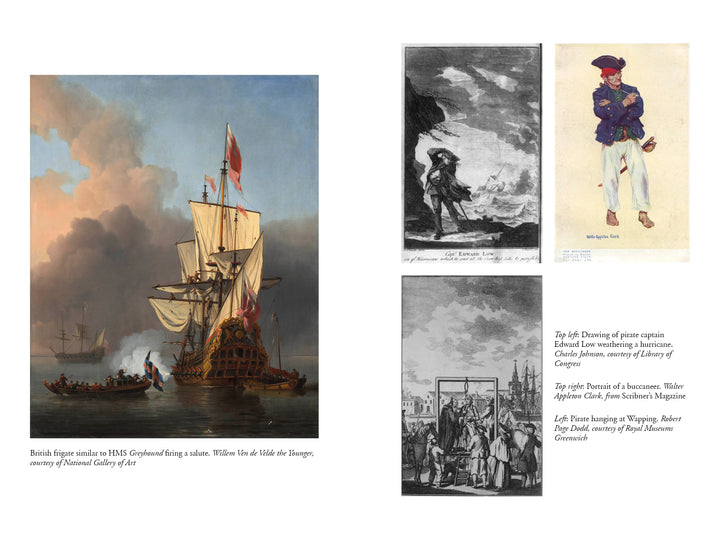 A collage for "The Resurrected Pirate" by Schiffer Publishing, Ltd. features a British frigate firing, George Lowther's drawing, a pirate in blue trousers with a red scarf, and pirates at a hanging, each with descriptive captions.