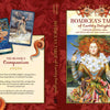 Book cover for Boadicea's Tarot of Earthly Delights by Schiffer Publishing, Ltd.—an ornate portrait of a red-haired woman with floral and gold detailing, fine art tarot deck inspired by Rider-Waite-Smith, two cards and description shown on the left.