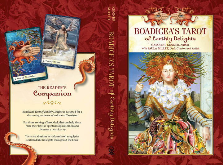 Book cover for Boadicea's Tarot of Earthly Delights by Schiffer Publishing, Ltd.—an ornate portrait of a red-haired woman with floral and gold detailing, fine art tarot deck inspired by Rider-Waite-Smith, two cards and description shown on the left.